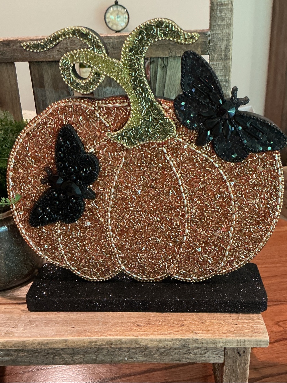 Beaded Glittery Pumpkin with Black Beaded Butterflies Tabletop Decor